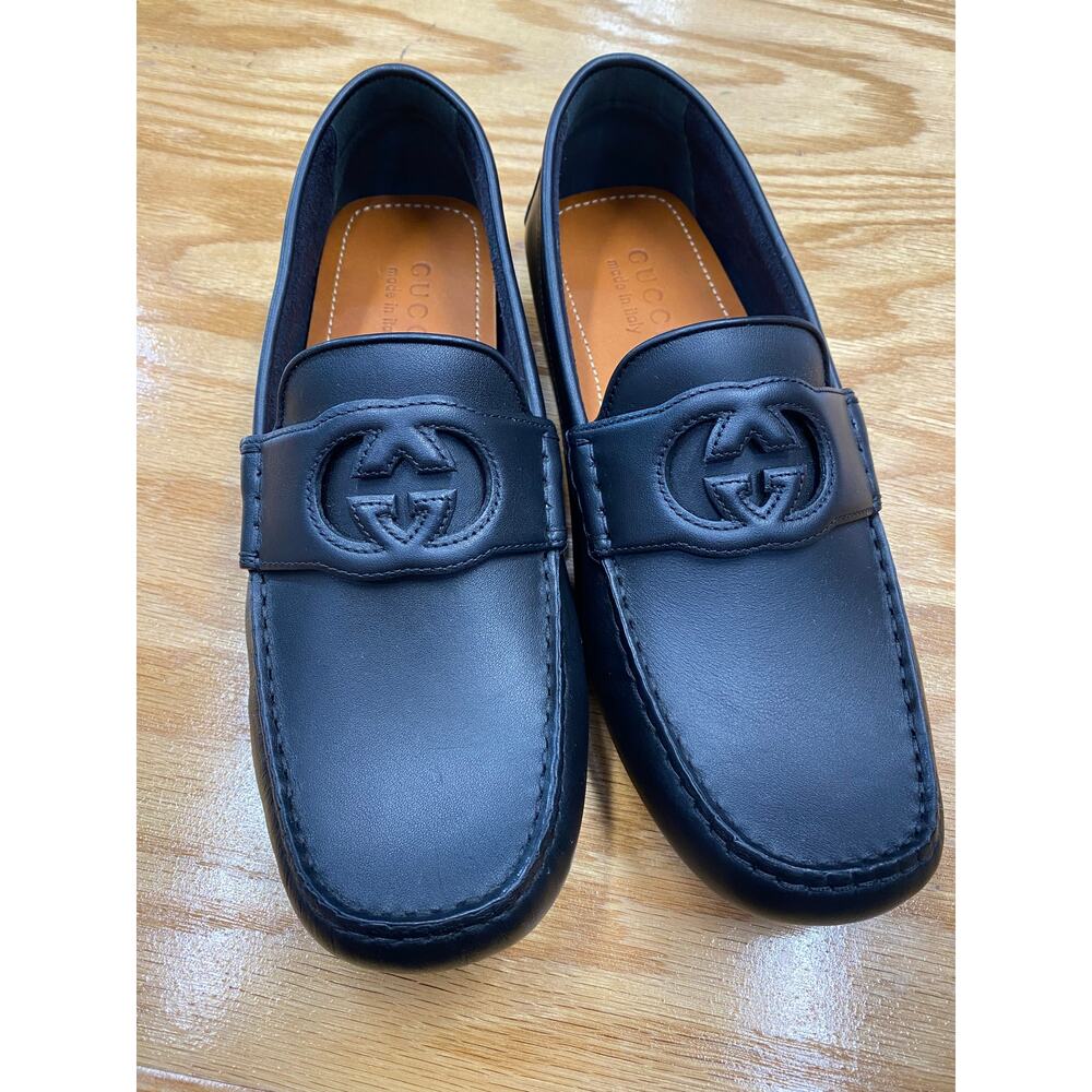 GUCCI INTERLOCKING G LOGO Black Leather Men's DRIVER Loafer Shoes 7.5 (L1) - Picture 2 of 7